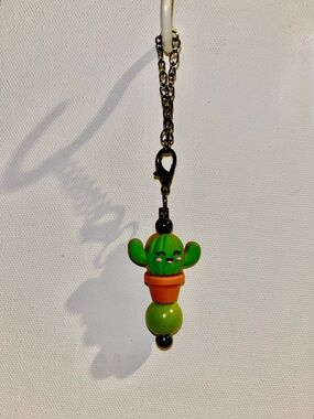 Cute Smiley Green Cactus in a Planter Cup Charm w/Green Iridescent Accent Bead